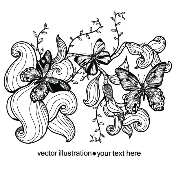 vector illustration of plants and butterflies - Wektor, obraz