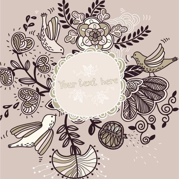 vector floral frame with hand drawn plants and birds - Διάνυσμα, εικόνα