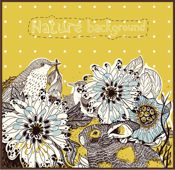 nature background with hand drawn flowers and animals - Vector, Image