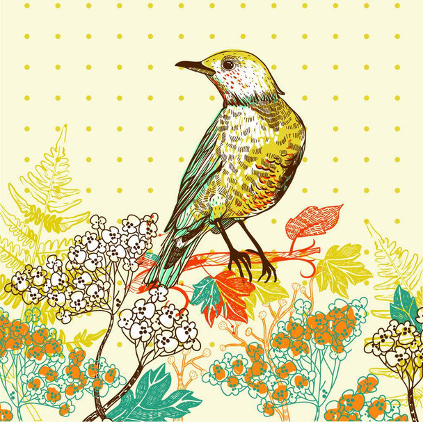 vector illustration of a forest bird and blooming plants - Vektör, Görsel