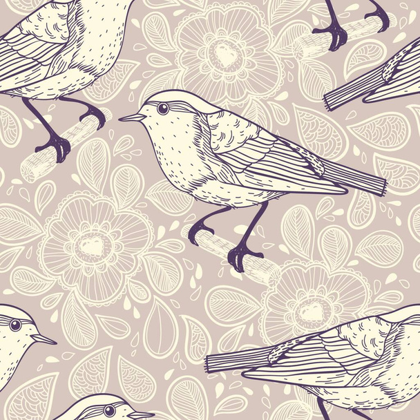 vector seamless pattern with little birds on a beige floral background - Vecteur, image