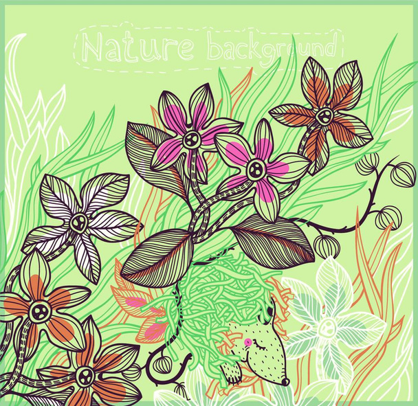 vector floral background with fantasy plants and a cute sleeping animal - Вектор,изображение
