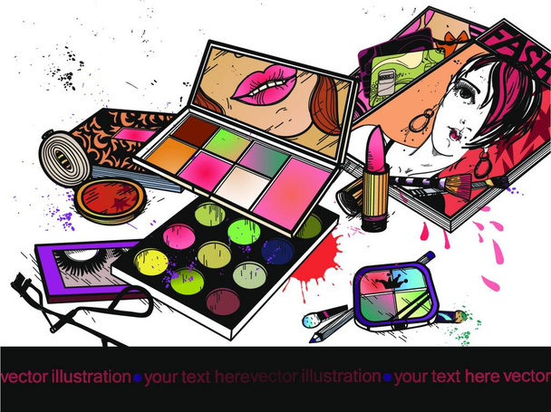 vector illustration of colorful eyeshadow, eyeliners and make up and fashion magazines - Wektor, obraz