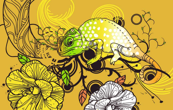 Vector illustration of a colorful  chameleon and blooming flowers on an abstract background - Vektor, obrázek