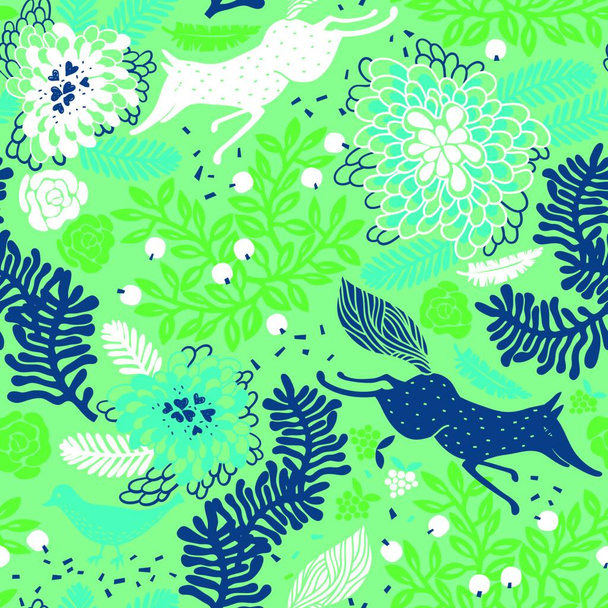 vector floral seamless pattern with running foxes and abstract plants - Вектор,изображение