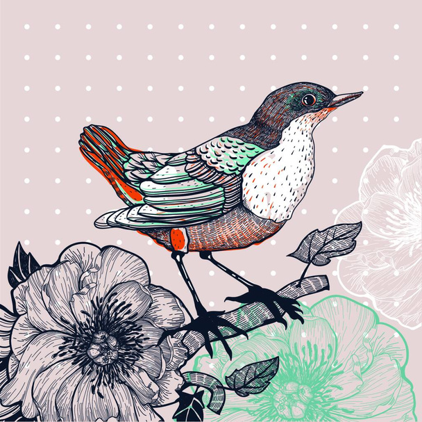vector illustration of a bird and wild roses - Vettoriali, immagini