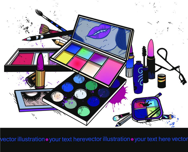 vector illustration of colorful make up, cosmetics, eye shadow ,lipstick and other things for a beauty - Vektör, Görsel