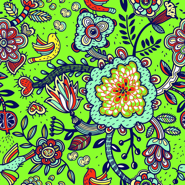 vector floral seamless pattern with multicolored plants and birds - Vecteur, image