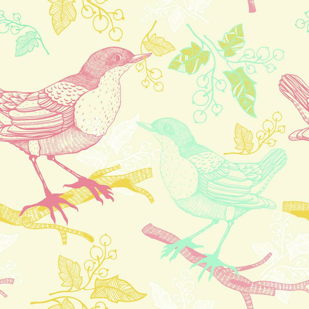 vector seamless pattern with birds and currant berries - Vetor, Imagem