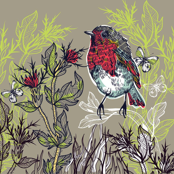 vector illustration of a little bird and autumn plants - Vektori, kuva