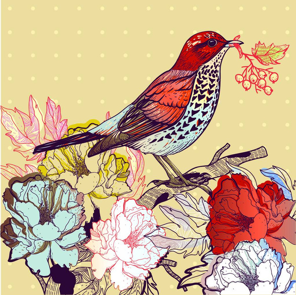 vector illustration of a bird and blooming roses - Vektor, obrázek
