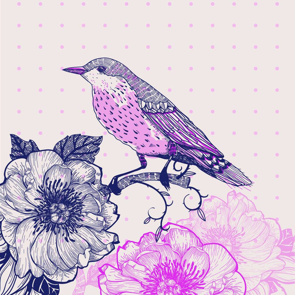 vector illustration of a bird and flowers in a vintage style - Vektor, kép