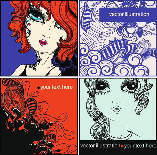 vector set of hand drawn cards with pretty girls and abstract backgrounds - Vektör, Görsel