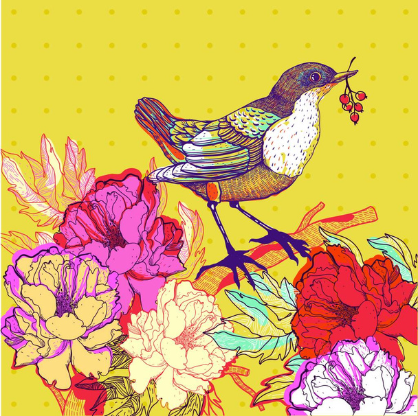vector illustration of a bird and blooming roses - ベクター画像