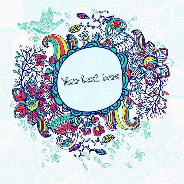 vector floral frame with colorful flowers and doodles - Vector, Image