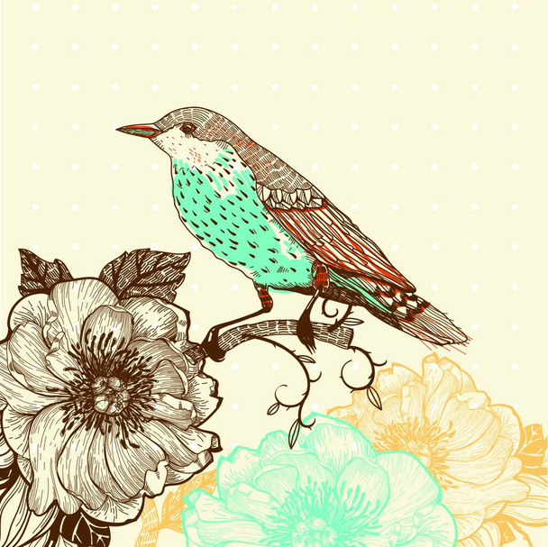 vector illustration of a bird and blooming flowers in a vintage style - Vetor, Imagem