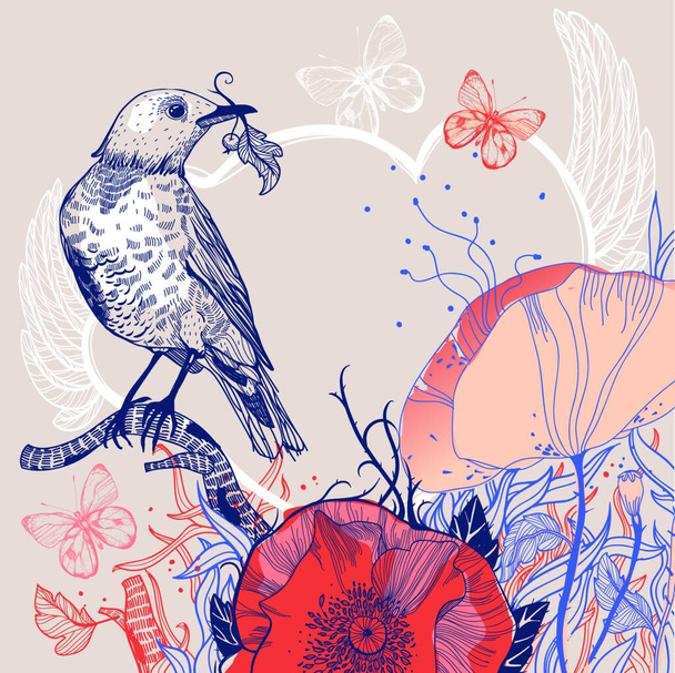 vector illustration of a bird and blooming poppies - Vektör, Görsel