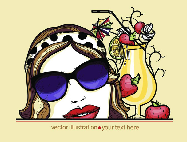 vector illustration of a pretty girl in dark sunglasses  and a cocktail decorated with yummy berries - Vektor, Bild