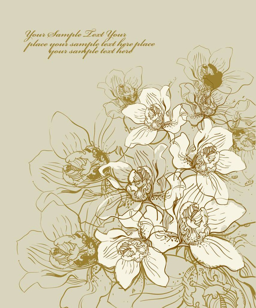 floral hand drawn background with blooming orchids - Wektor, obraz