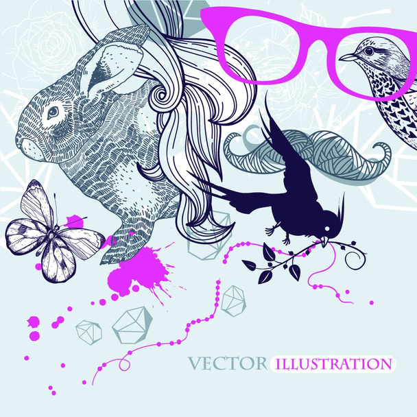 vector illustration of a rabbit, birds , butterflies and an abstract man - Wektor, obraz