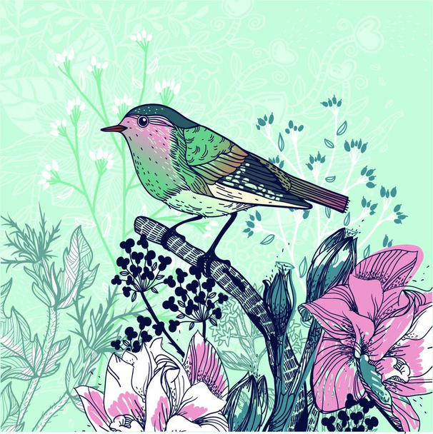 vector illustration of a little bird and blooming flowers - Vektor, obrázek