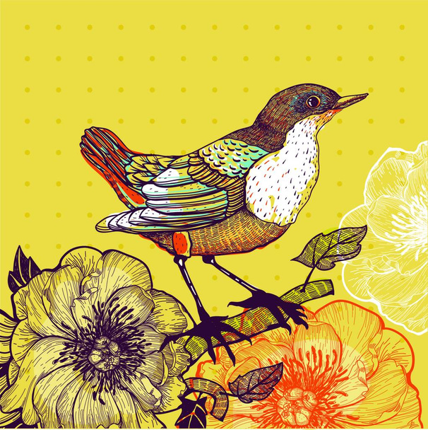 vector illustration of a bird and blooming flowers on a yellow background - Vektor, kép