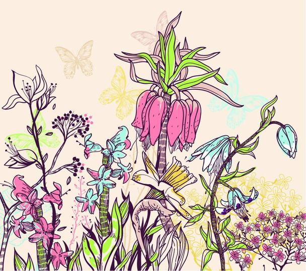 vektorová ilustrace letního pole s kvetoucími květy a rostlinami - Vektor, obrázek