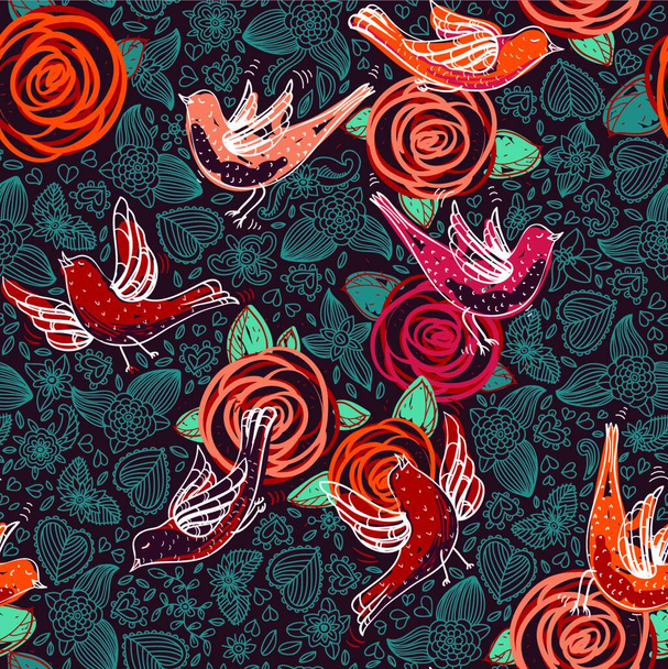 vector seamless floral pattern with abstract roses and birds - Διάνυσμα, εικόνα