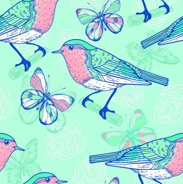 vector   seamless pattern with birds and butterflies - ベクター画像