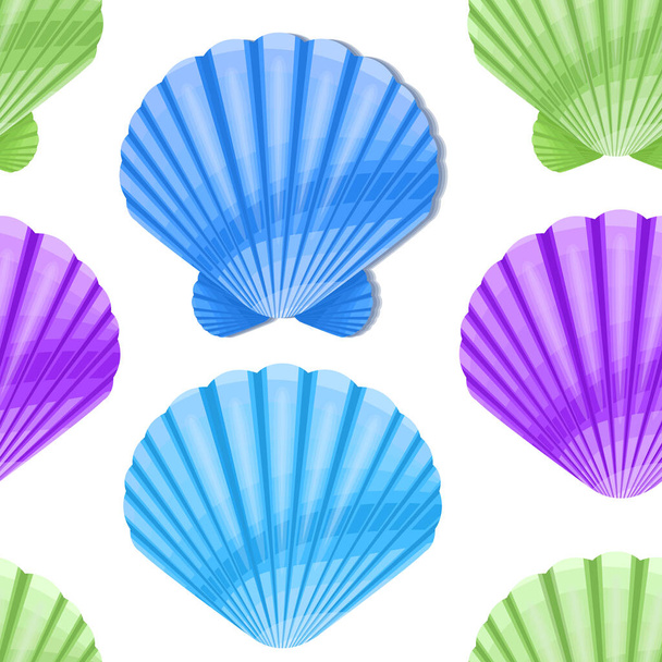 Seamless background design with colorful seashells on white background, Suitable for packaging fabric or napkins and menus decoration. Vector eps 10 illustration - Vektör, Görsel