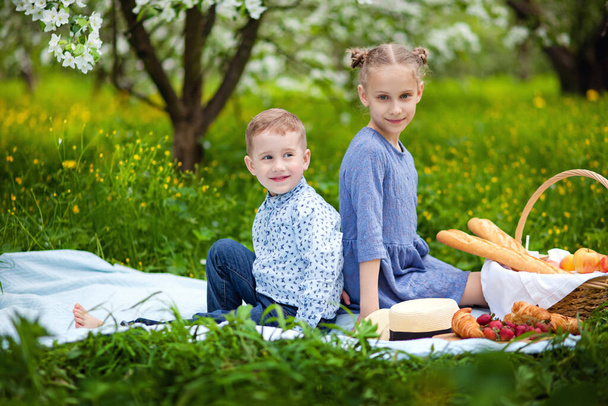 春の庭でピクニックを楽しむ子供たち。夏の公園で屋外で昼食を楽しんでいる子供たち。息子と娘食べる果物とサンドイッチでカラフルな毛布. - 写真・画像