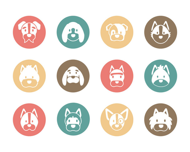 set of icons of faces different breeds of dogs - Vector, Image