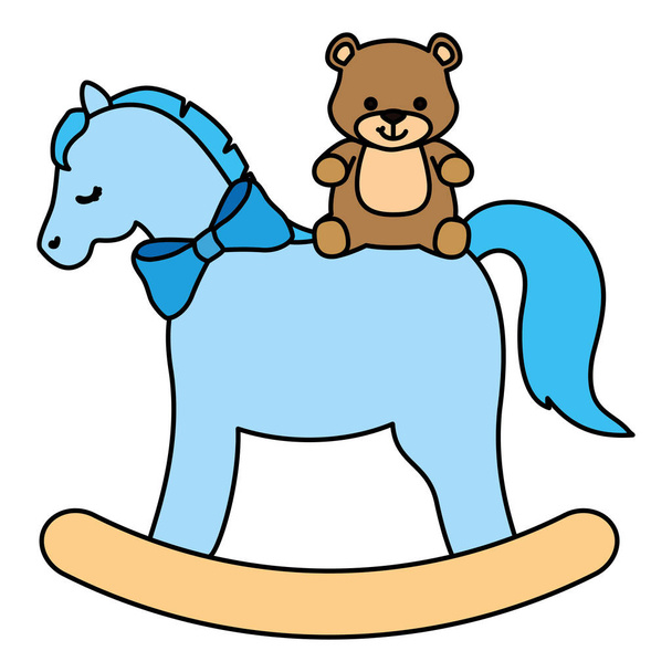 houten paard speelgoed met teddybeer - Vector, afbeelding
