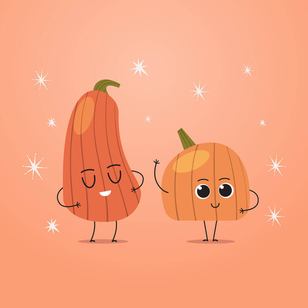 cute orange pumpkin charcters couple funny cartoon mascot vegetable personages healthy food concept - Вектор, зображення