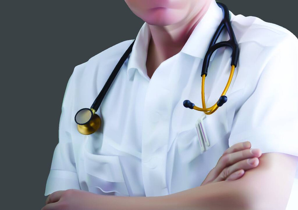 Doctor in White Coat with Stethoscope Around her Neck - Detailed Illustration isolated on Gray Background, Vector - Vektör, Görsel