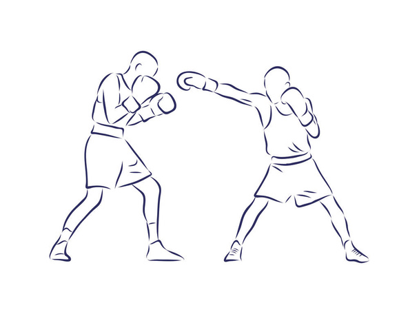 ボクシングチャンピオン立って簡単な図面と戦う準備ができています。ボックスは格闘スポーツイラストです。文字のテキストと男性ボクサートレーニングアウトライン図面。戦闘機のシルエット手描きベクトル。人物スケッチ - ベクター画像