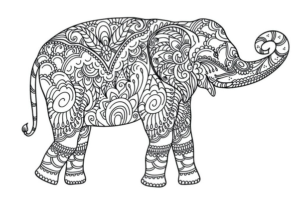 Drawing zentangle elephant, for coloring book for adult or other decorations. Coloring Book Page. Vector Contour Illustration - Vettoriali, immagini
