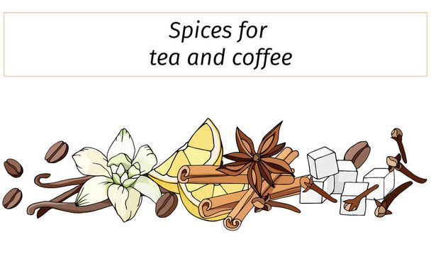 Set of spices for tea and coffee on a white background. Vector illustration lemon, vanilla, cinnamon, cloves, coffee. Banner for text and decoration. - Vector, Image