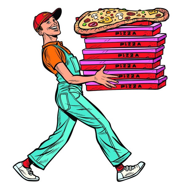 young man pizza boy, food delivery. isolate on white background Pop art retro vector illustration vintage kitsch - Вектор,изображение