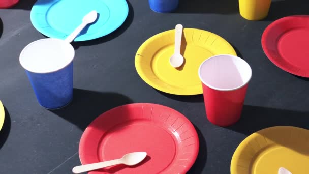 piatti colorati e bicchieri sul tavolo sono pronti per la festa
 - Filmati, video