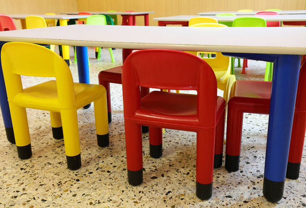 Pusta klasa bez osób z kolorowymi krzesłami i stolikami, ponieważ istnieje epidemia wirusa korony - Zdjęcie, obraz