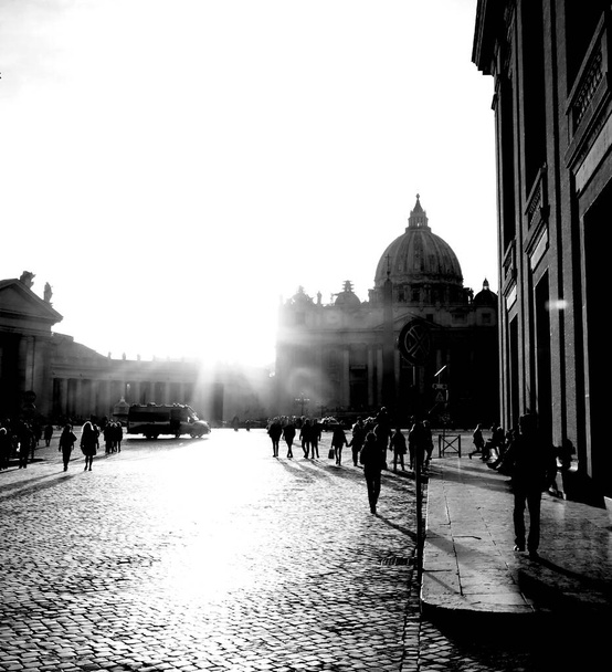 Vatican City on black and white with people and with backlight - Photo, Image