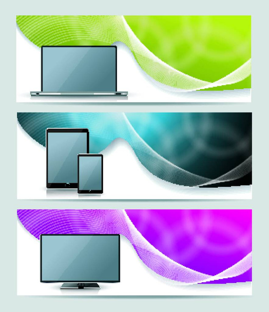 Collection banner design with smart phone, tablet pc, laptop and computer, colorful sunlight background, vector illustration - Vector, afbeelding