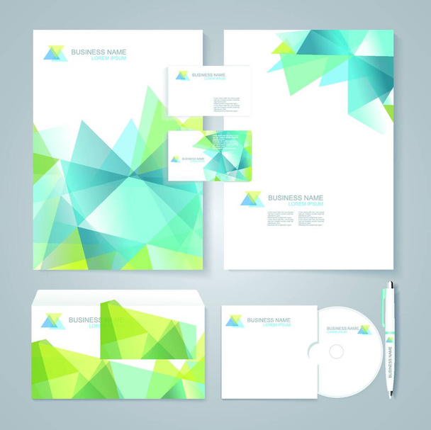Corporate identity template with blue and green geometric elements. Documentation for business. - Vektör, Görsel