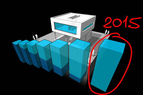 diagrama de una casa moderna con diagrama de negocio abstracto ascendente y nota dibujada a mano 2015 sobre la última barra de diagrama
 - Vector, Imagen