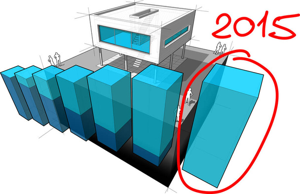 diagram moderního domu s rostoucím abstraktním obchodním schématem a ručně kreslenou poznámkou 2015 přes poslední diagram bar - Vektor, obrázek