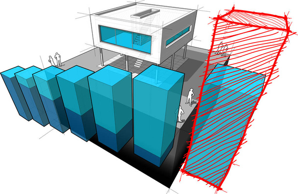 schemat nowoczesnego domu z rosnącym abstrakcyjnym diagramem biznesowym i ręcznie rysowane szkic na ostatnim pasku diagramu - Wektor, obraz