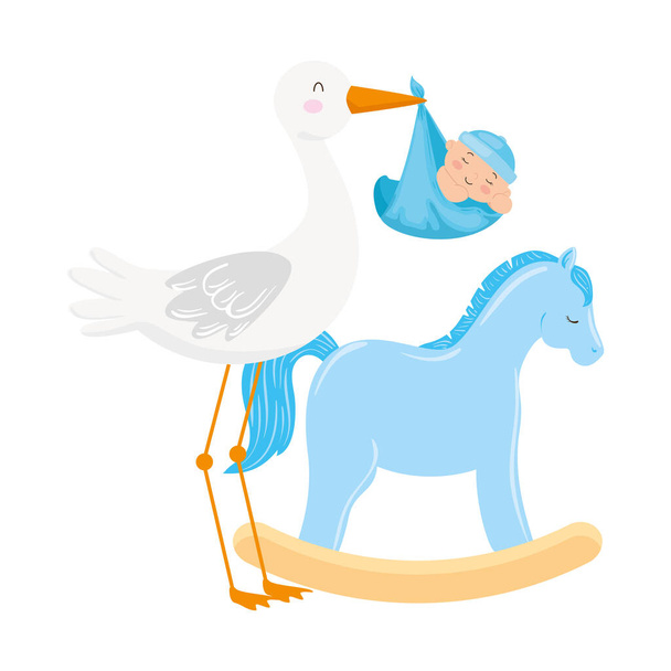 аист с милым мальчиком и деревянной лошадиной игрушкой
 - Вектор,изображение