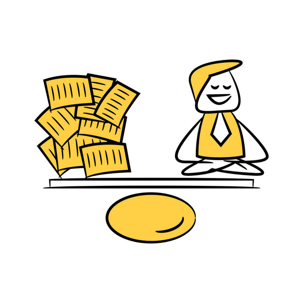 hombre de negocios meditando en equilibrio con pila de papeles amarillo palo figura diseño
 - Vector, Imagen