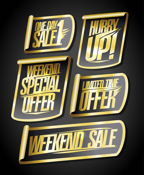 Tagesverkauf, Wochenend-Sonderangebot, zeitlich begrenztes Angebot, beeilen Sie sich, Wochenend-Verkauf - Rabatt-Aufkleber-Set, goldener Schriftzug - Vektor, Bild